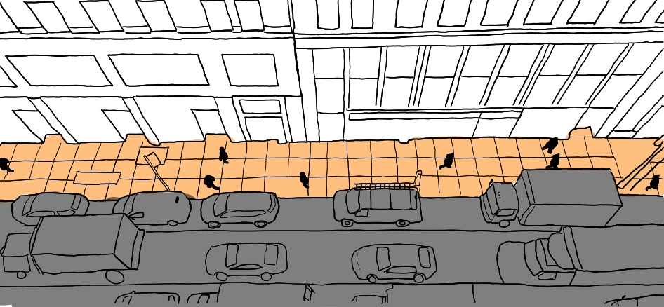 Drawing of street with orange for pedestrian space, green for bikes, and black for cars