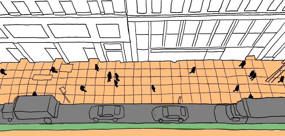 Drawing of street with orange for pedestrian space, green for bikes, and black for cars