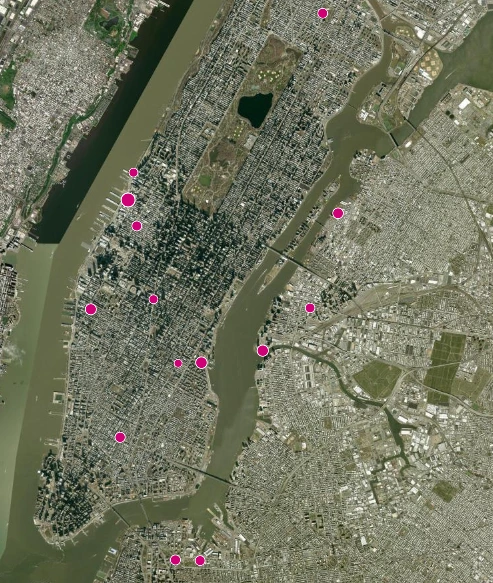 Map of NYC with pink dots over several parks where I counted trees